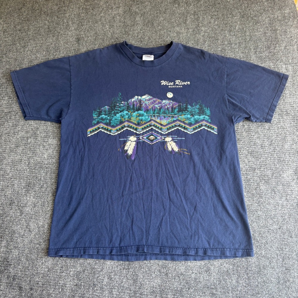 Vintage Hanes Heavyweight Wise River Montana Graphic T-Shirt Navy XL 90s USA
